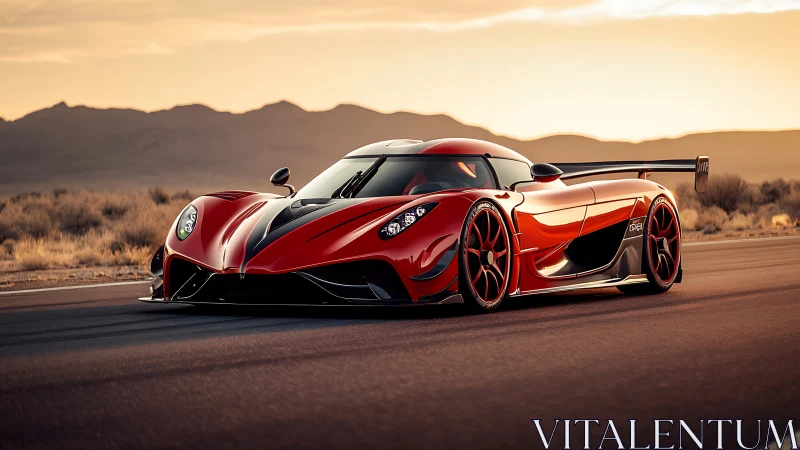 Scarlet hypercar slices through desert highway at golden sunset