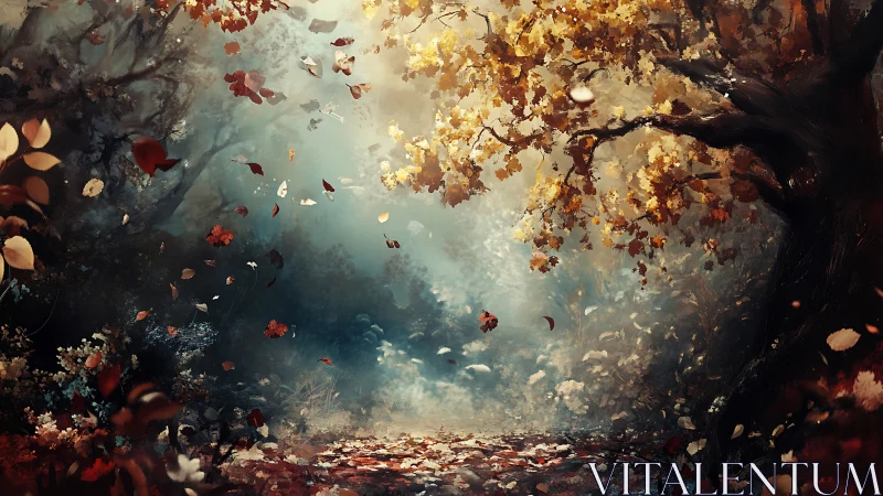 Autumn forest path with swirling leaves and diffused light.