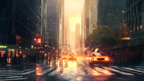 Rain-soaked urban avenue with taxis under volumetric backlight