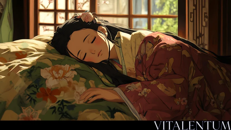 Soft diffused daylight illuminates kimono-clad girl sleeping peacefully