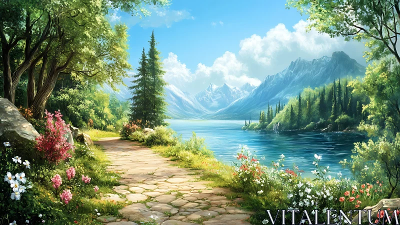 Stone path through lakeside forest and distant mountains.