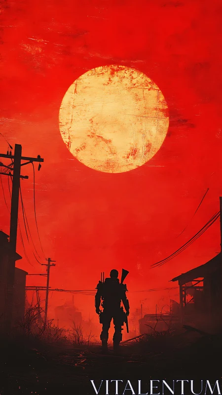 Silhouetted armed figure walks under oversized textured sun