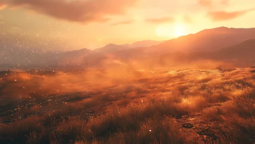 Sunlit grassy plain extends toward distant hazy mountains at dusk