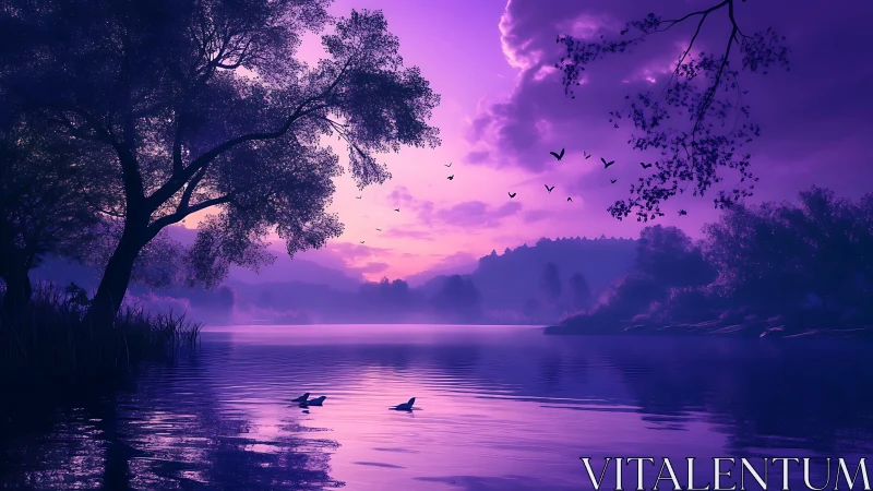 Gentle violet lake sunset invites calm moments and quiet awe