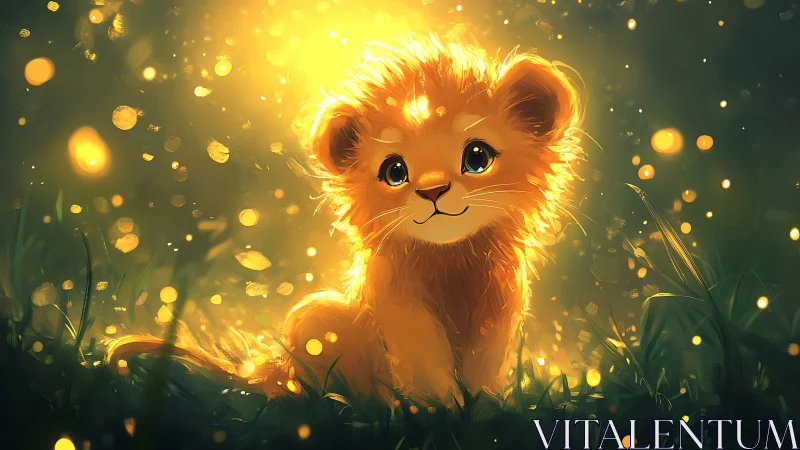 Glowing baby lion cub in magical golden firefly meadow.