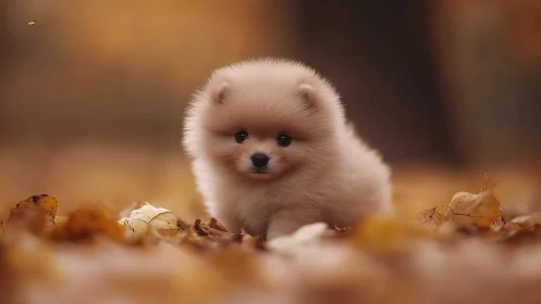 Fluffy autumn pup nestles softly in golden fallen leaves.