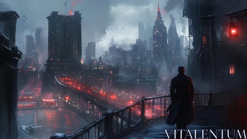 Noir-clad figure surveys neon bridge in dense smog-choked megacity