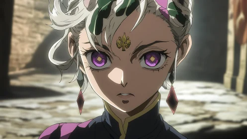 Determined fantasy heroine with violet eyes in stone courtyard