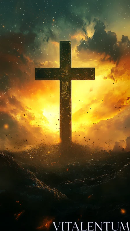 Crucifix silhouette ignites stormy cosmic dawn sky.