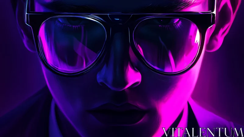 Neon-lit close portrait uses rim lighting and reflective eyewear surfaces