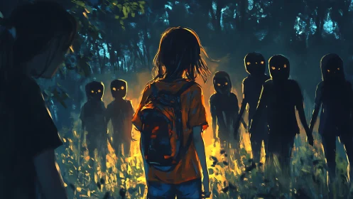 Child with backpack confronting eerie glowing-eyed figures.