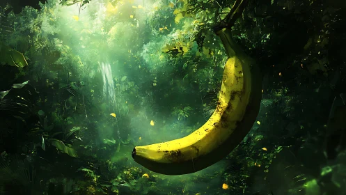 Giant yellow banana hanging in a dense lush jungle forest.