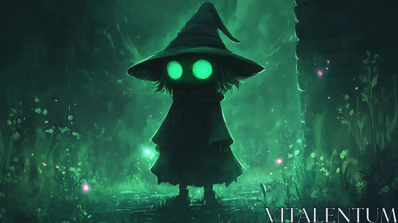 Hooded forest mage with glowing green eyes at night.
