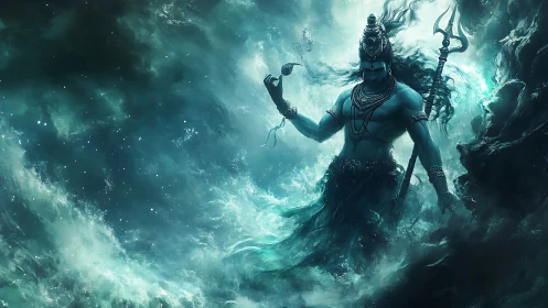Powerful blue deity stands in swirling ocean storm scene.