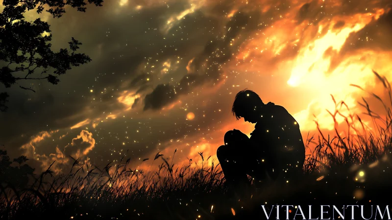 Silhouetted figure under ember sky in glowing dusk field.