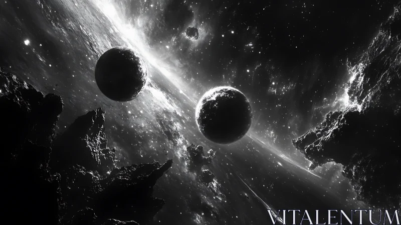 Twin shadowed planets in monochrome cosmic tempestscape.