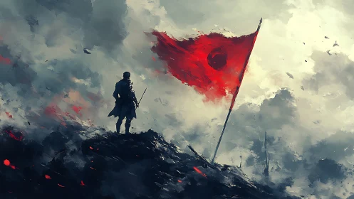 Lone warrior under red war flag on stormy battlefield.