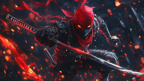 Red masked ninja with twin katanas in fiery combat pose.