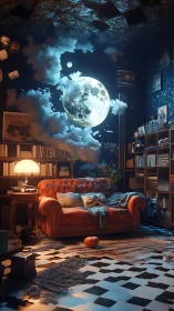 Living room interior with suspended moon and clouds installation.