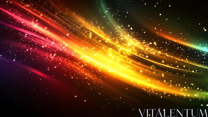 Glowing rainbow light trails swirling through starry dark space.