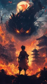 Samurai observes burning city under looming fiery entity