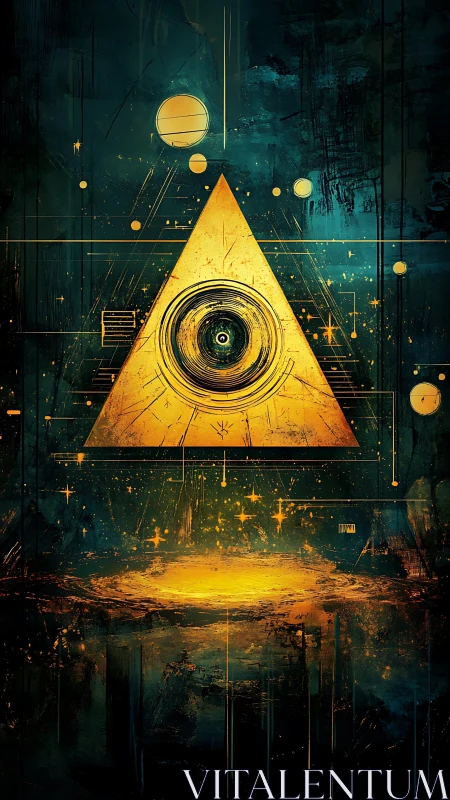 Golden cosmic triangle with orbiting planets and glowing core