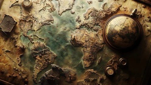 Textured vintage world map with raised relief cartography.