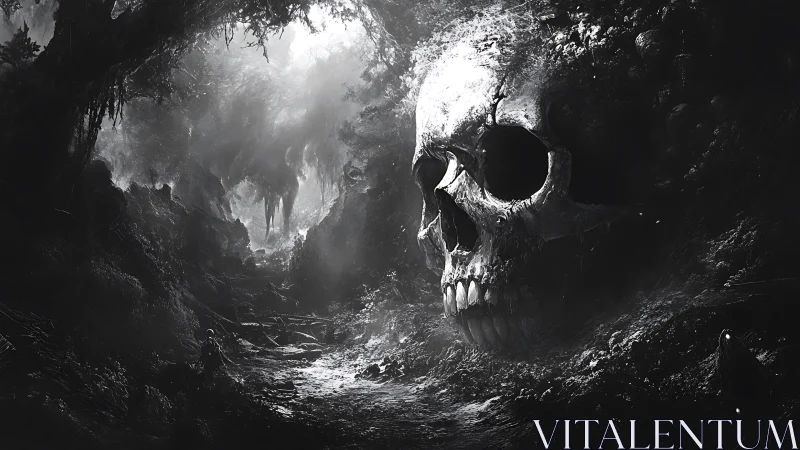 Monochrome necrotic canyon with colossal eroded cranial monolith.