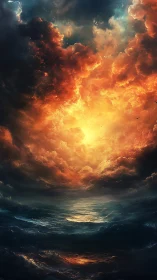 Storm-lit ocean absorbs blazing celestial firestorm.