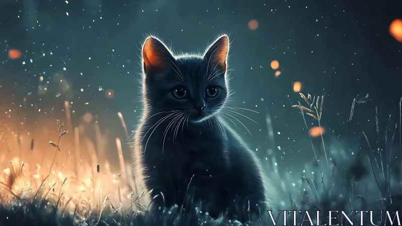 Black Cat with Luminous Eyes in Magical Field.