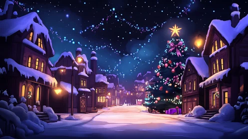 Snow-draped village street circling a glowing Christmas tree.