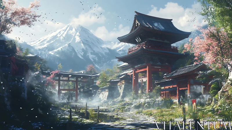 Parametric spring shrine complex beneath snowclad stratovolcano.