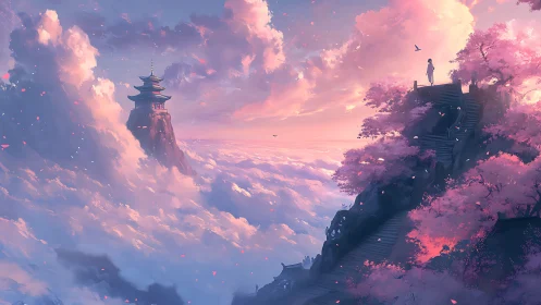 Sky temple above the clouds in a blush of eternal dawn.