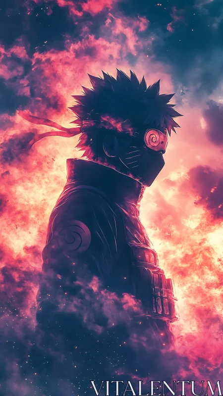 Blazing masked warrior stands calm within swirling neon fire