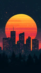 Neon city skyline burns beneath colossal gradient sun.