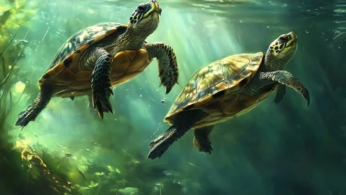 Gentle sea turtles gliding through a glowing green ocean.