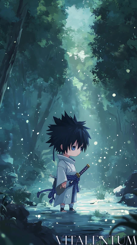 Chibi swordsman wandering through an ethereal forest path.