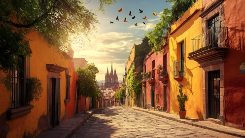 Sunlit cobblestone escape toward distant cathedral dreams.
