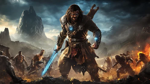 Warrior stands defiant in stormy fantasy battlefield inferno