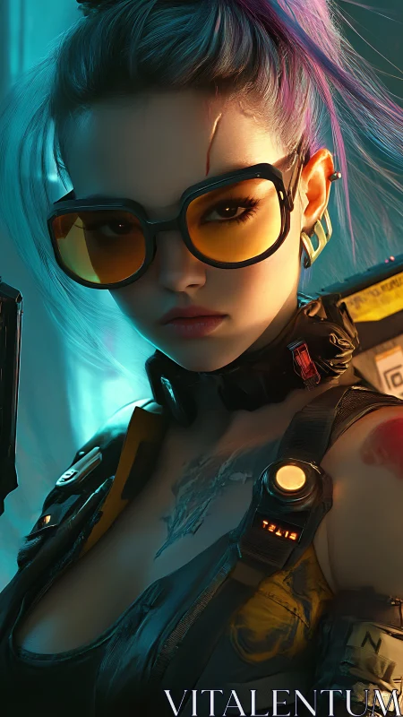 Fierce neon heroine with cyberpunk style and quiet resolve.