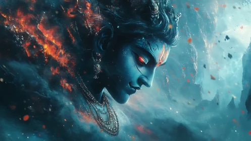 Divine blue deity amid fire and ice cosmic storm.