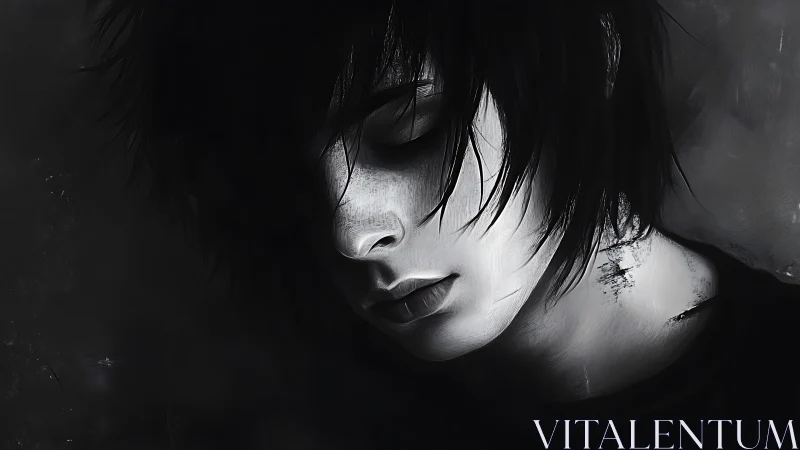 Monochrome digital portrait shows downward-facing young subject