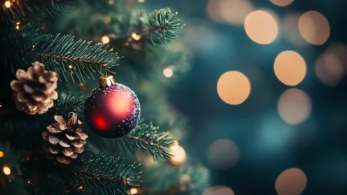 Red bauble glows on pine branch amid soft golden bokeh lights.