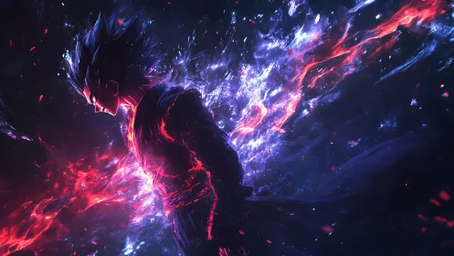 Cel-shaded anime warrior igniting dual red blue cosmic aura