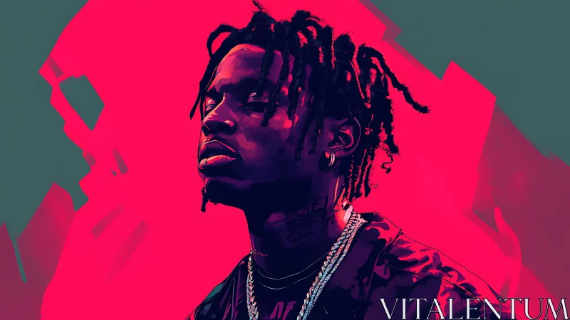 Bold digital portrait of man with chains on neon background.