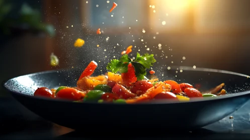 Sunlit vegetable confetti leaping from a sizzling skillet.
