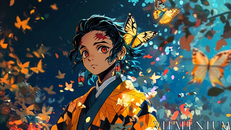 Butterfly-bright night with a thoughtful anime wanderer.