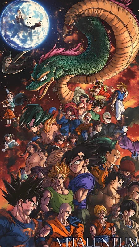 Vertical anime ensemble poster layers heroes under cosmic dragon