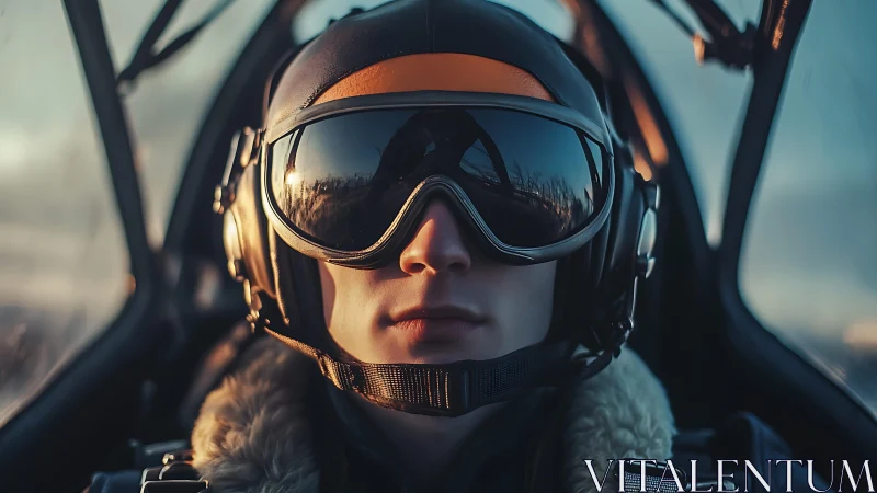 Focused pilot in cockpit wearing helmet and visor goggles.