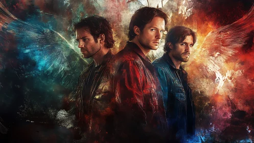 Winged guardians ignite between firestorm and fallen dusk.